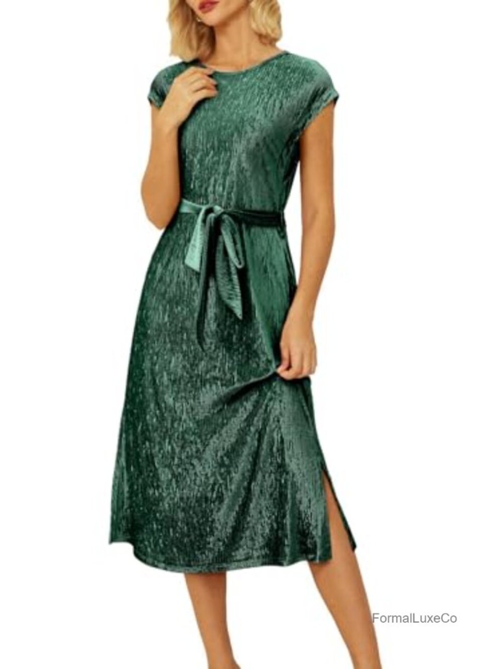 Velvet Sleeveless Crewneck A-Line Midi Dress with Pockets